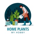 Gardener watering flowers. House plants with green leaves in pots. Hobby Royalty Free Stock Photo